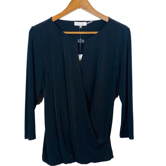 NEW! Calvin Klein Tunic Draped Top Faux Wrap Blouse Black Career Casual - S - Picture 1 of 4
